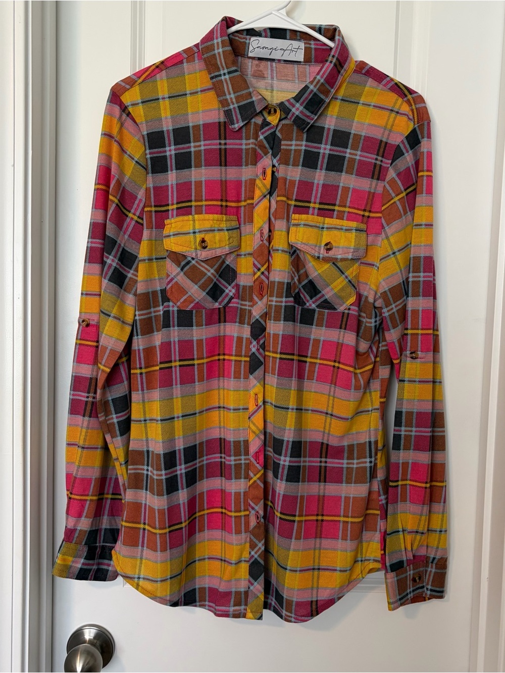 Savage X Fenty Pink, Yellow & Brown Plaid Button-Down Shirt
Size XL